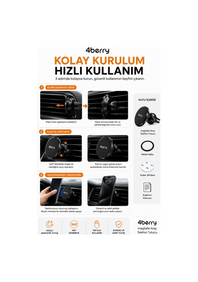 Magsafe Uyumlu Manyetik Araç Telefon Tutucu Havalandırma Izgarası, 360 Döner Başlık