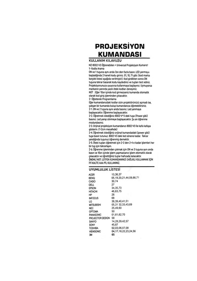 Acer Benq Uyumlu Casio Dell Epson Sony Toshiba Projeksiyon Kumandası