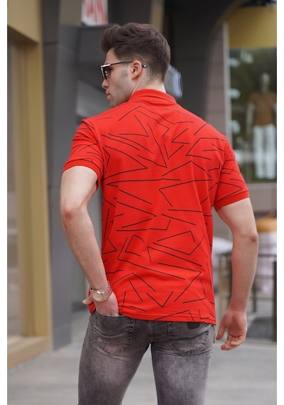 Madmext Erkek Polo Yaka Kırmızı Desenli Tişört 5817-Kırmızı