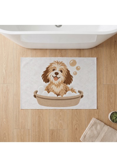 Kartela Halı Köpek Desenli Banyo Paspası Açık Gri Kaymaz Taban Makinede Yıkanabilir 40x60 Cm