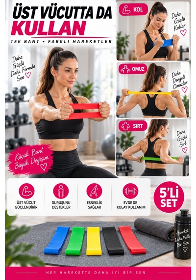 5'li Egzersiz Direnç Bandı Seti Pilates Fitness Yoga Spor Lastiği Evde Antrenman & Egzersiz Ekipmanı Çok Renkli