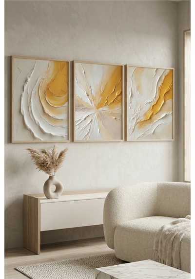 Doğal Ahşap Çerçeveli Soyut Altın Dokulu Modern Duvar Tablosu 3 Lü Set Kabartma Görünümlü Ahşap