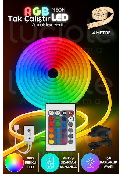 4 Metre Rgb Neon Led Şerit Işık Auraflex Serisi Geniş Alan Uyumlu Esnek Aydınlatma Sistemi