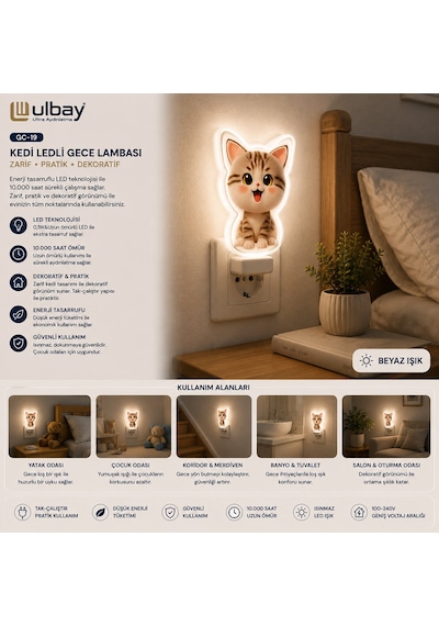 10 Adet Kedi Ledli Gece Lambası Gc-19 Altın - Çok Renkli