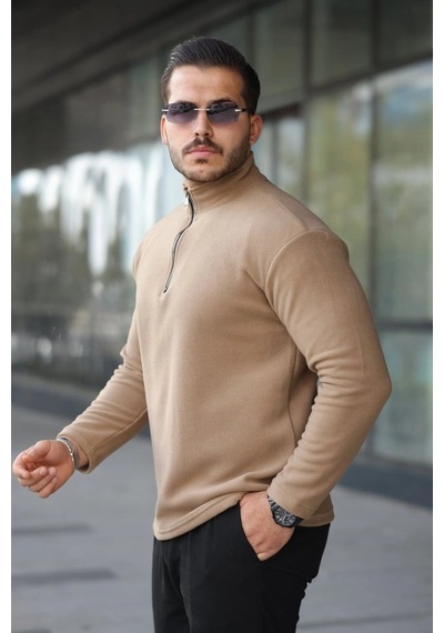 Valensdesign Erkek Zip Yaka Polar Sweat Sütlü Kahve
