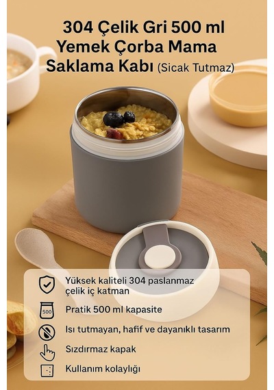 304 Çelik Gri 500ml Yemek Çorba Mama Taşıma Saklama Kabı Sıcak Tutmaz Cin560gr Genel