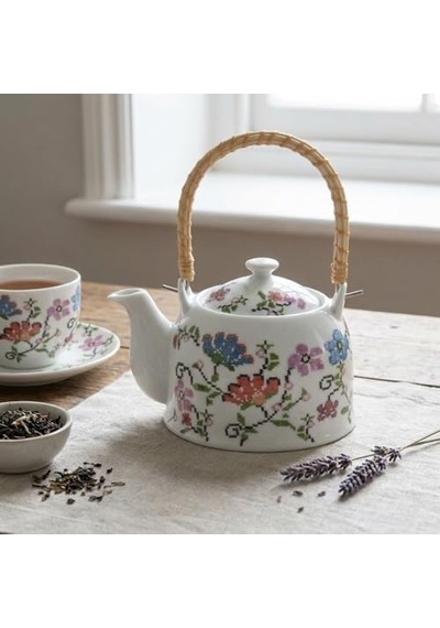 Porselen Çini Piraye Demlik - Bambu/hasır Saplı, Ateşe Dayanıklı Nostaljik Bitki Çayı Ve Çay Demliği 900 Ml - 2 Farklı Desen Seçeneği Pıraye 1