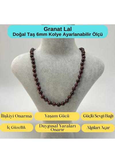 Yıldız Doğal Taş Granat Lal Doğal Taş 6 MM Makrome Kolye 45 CM - 55 CM Ayarlanabilir Bordo