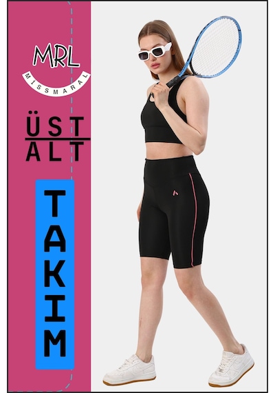Missmaral Kadın Siyah Takım Alt-üst Kısa Şort-tayt Ve Pedli Sporcu Büstiyer 2li Set Gül Kurusu Biyeli Elt3043 Siyah Gül