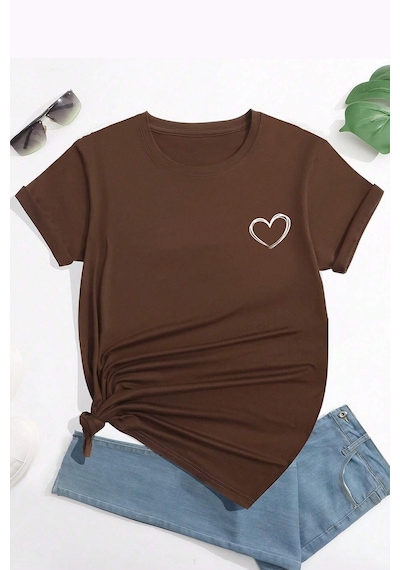 Uyguntarz Kopya - Unisex Hearts Baskılı Tasarım Tshirt Kahverengi