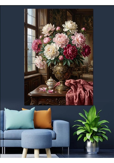 Vazoda Pembe Şakayık Buketi Dekoratif Kanvas - Mdf Ahşap Tablo