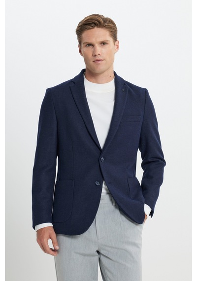 Ac&Co / Altınyıldız Classics Erkek Lacı Yünlü Slim Fit Dar Kesim Mono Yaka Armürlü Torba Cepli Ceket Lacı Lacivert