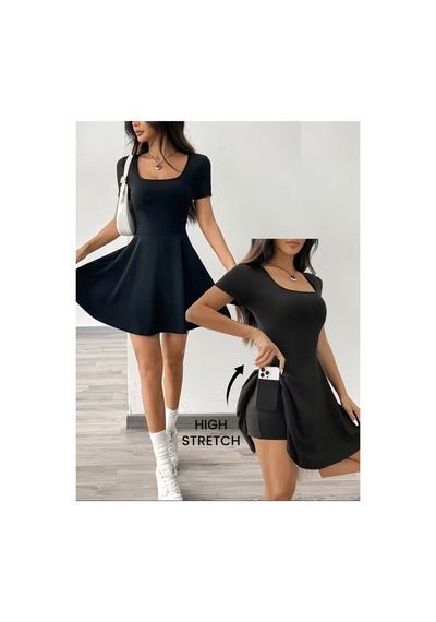 Butik İstanbul Kadın Kısa Kollu Kare Yakalı Cep Detaylı Dalgıç Elbise Tulum Siyah