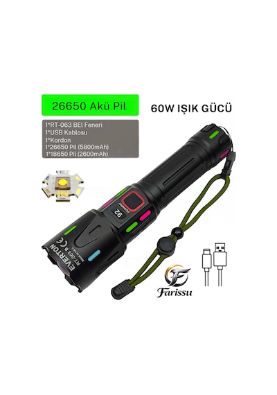 Ultra Güçlü Beyaz Lazer Led El Feneri - 2 Km Menzilli & Powerbank Özellikli Çift Pil Setli Siyah