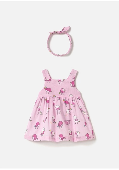 Kız Bebek Saç Bantlı Baskılı Elbise Pembe 1873 Pembe