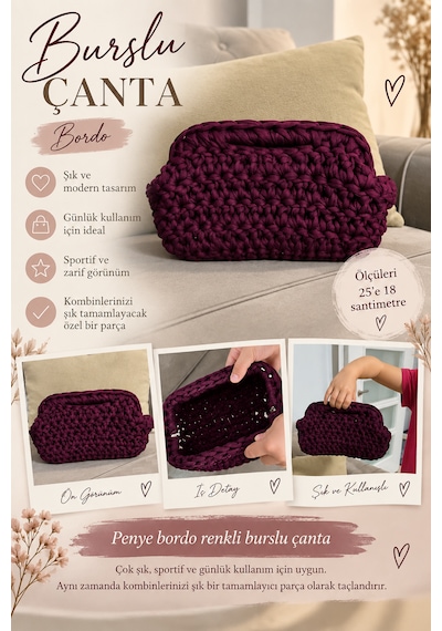 Bordo Penye Burslu Clutch Çantası