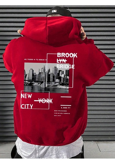 Uyguntarz Unisex Brooklyn Bridge Baskılı Oversize Sweatshirt Kırmızı