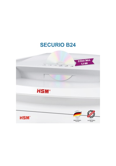 HSM SECURIO B24 - 5,8mm Evrak İmha Makinesi / Kağıt Kırpma Makinesi - CD İmha Makinesi - 35lt