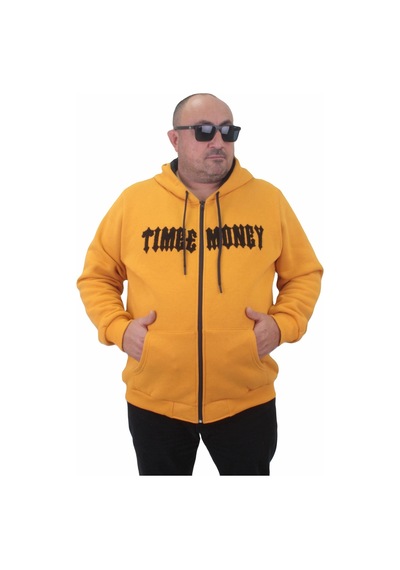 Moc Grande Mocgrande Fermuarlı Kapuşonlu Büyük Beden Sweat Time Money 23218 Hardal