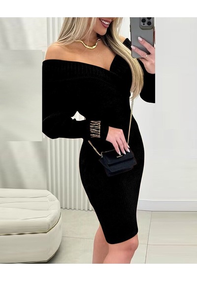 Tua Moda Kadın Uzun Kollu Omuzlardan Açık Kruvaze Yaka Kısa Triko Elbise Siyah