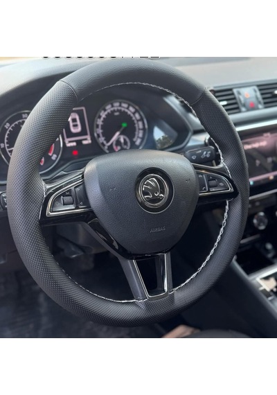 Dikişli Direksiyon Kılıfı 2 Parça Nokta / Siyah Deri Beyaz Dikişli Skoda Octavia Süperb Siyah