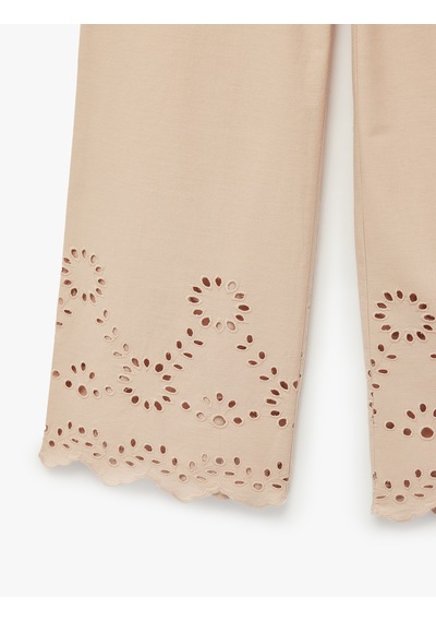 Koton Pamuklu Brode Detaylı Geniş Paça Pantolon Pembe 6skg40036aw Gül