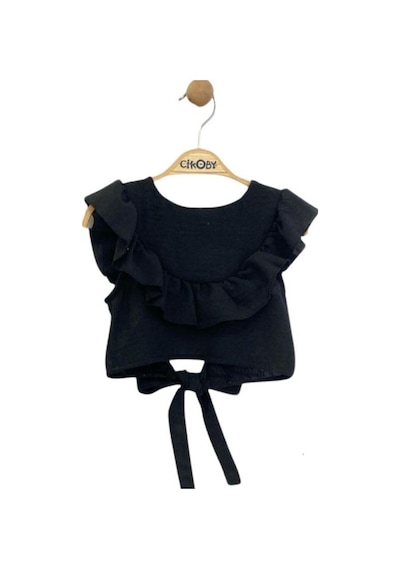 Zekids Kız Çocuk Beli Lastikli Desenli Pantolon Bluz Takım-14037 Siyah