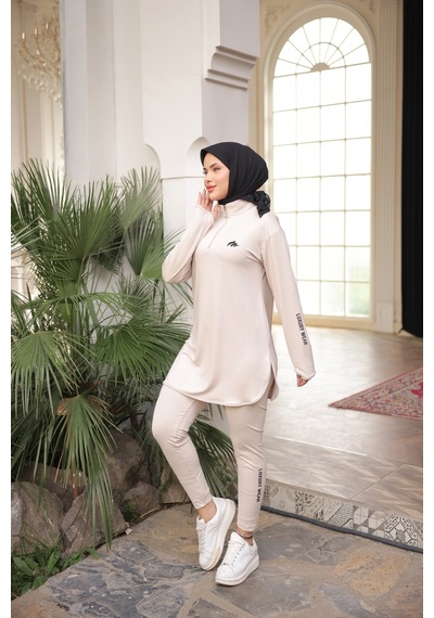 Mimi Luxury Wear Bej Kadın Fermuarlı Dalgıç Kumaş Standart Kalıp Jogger Eşofman Takımı 358