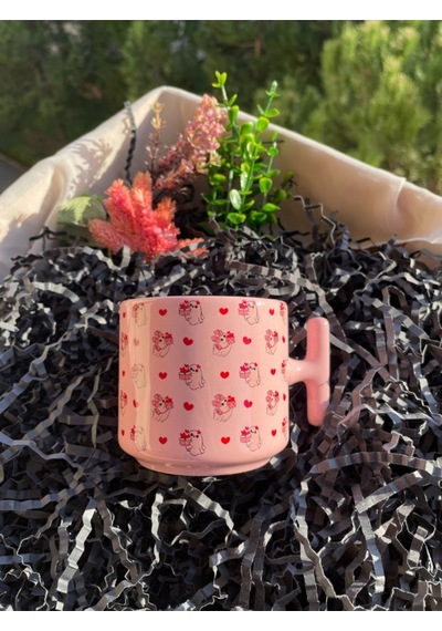 Pembe Kupa Bardak Sevimli Hayalet Ve Kalp Deseniyle Özel Gün Hediyesi Beyaz