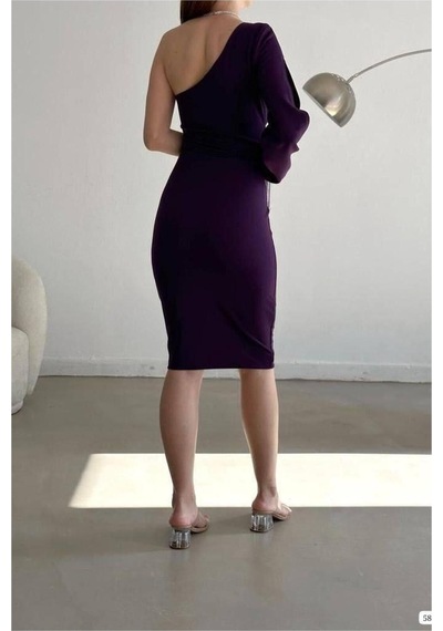 Lior Design Kadın Şık Model Krep Kumaş Tek Omuz Abiye Elbise Mor