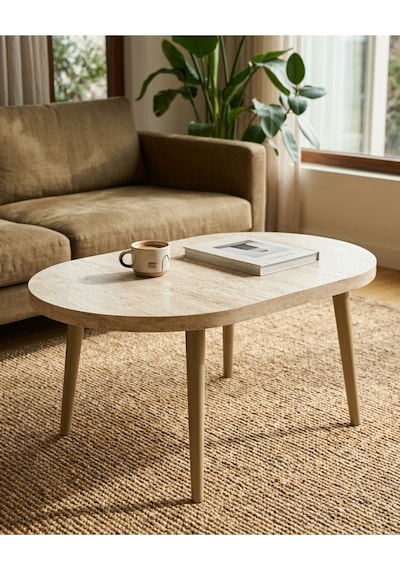 Traverten Desenli Orta Sehpa 100x60 Cm Cappuccino Ahşap Ayaklı Modern Salon Sehpası