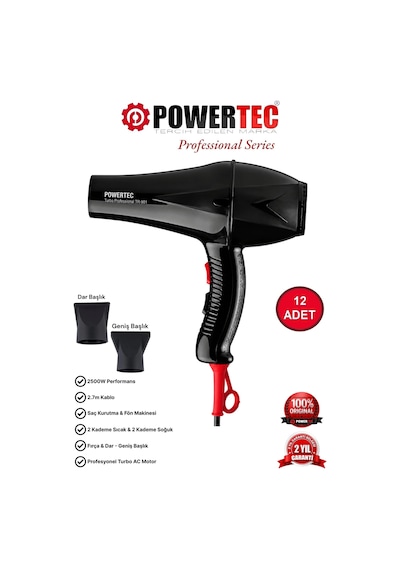 Powertec TR-901 Turbo Profesyonel Saç Kurutma Makinası Siyah 12'li