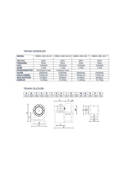 Ayas Obra-260 Tek Emişli Radyal Salyangoz Fan 2800 D/D 220 Volt M