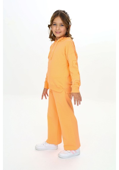 Toontoy Kids Toontoy Kız Çocuk 2'li Takım Kolu Baskılı Kapüşonlu Yırtmaçlı Sweatshirt & Beli Lastikli Bol Paça Eşofman Altı - 2 İplik Turuncu