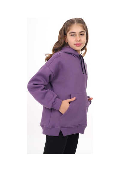 Kız Çocuk Oversize Kapüşonlu Cepli Düşük Omuz Baskılı Yırtmaçlı Sweatshirt - 3 İplik Şardonlu Mor Kız Çocuk Oversize Kapüşonlu Cepli Düşük Omuz Baskılı Yırtmaçlı Sweatshirt - 3 İplik Şardonlu Mor