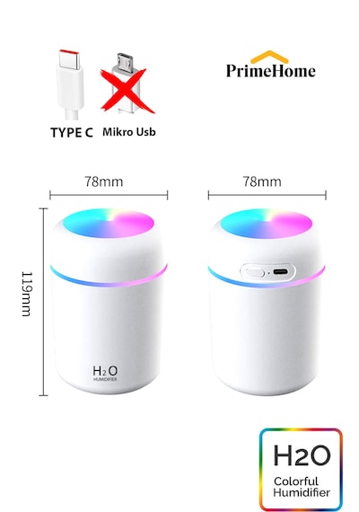 Şarjlı H2o 300 Ml Ultrasonik Hava Nemlendirici Ve Aroma Difüzörü Type C Girişli