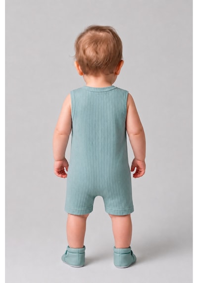 Babyden's Erkek Bebek Tavşan Desenli Yazlık Tulum Fitilli Pamuklu Kolsuz Bebek Tulumu Çıtçıtlı Romper 0-9 Ay Haki