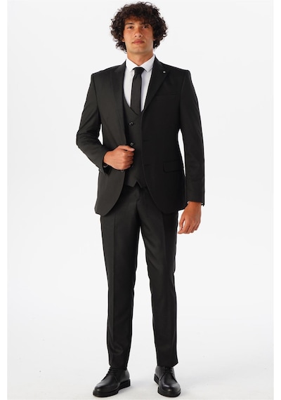 Süvari Siyah Slim Fit Armürlü Sivri Yaka 6 Drop Yelekli Klasik Takım Elbise Süvari Siyah Slim Fit Armürlü Sivri Yaka 6 Drop Yelekli Klasik Takım Elbise