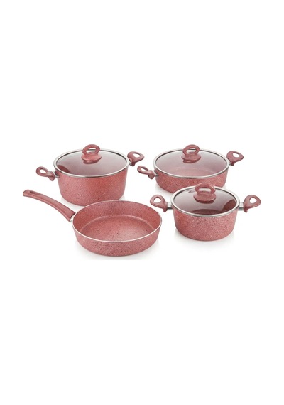 7 Parça Premium Granit Tencere Seti 26 Cm Yapışmaz Tencere Tava Seti Cam Kapaklı Bpa Free Pembe