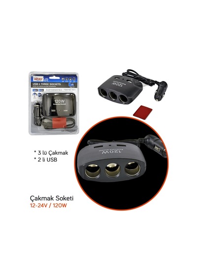 Üniversal 3 Lü Çakmak Soketi 120w Çakmaklık Çoğaltıcı 2 Usb Araç Şarj Cihazı Çakmaklık Şarj Çakmak Çoklayıcı 12v/24v 00 Şüscaroto Aksesuar