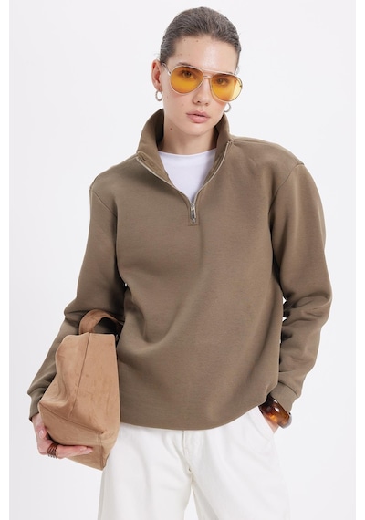 Tudors Kadın Relax Fit Rahat Kesim Pamuklu İçi Polarlı Yarım Fermuarlı Haki Dik Yaka Sweatshirt-42073 Haki