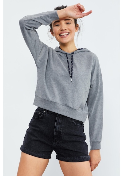 Tommy Life Gri Melanj Uzun Kol Rahat Form Kapüşonlu Kadın Sweatshirt - 97115 Gri Melanj