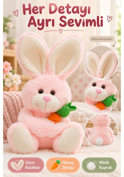 Pembe Tavşan Peluş Oyuncak 28 Cm Havuçlu Sevimli Yumuşak Oyuncak Çocuk Odası Dekoru Uyku Arkadaşı Set