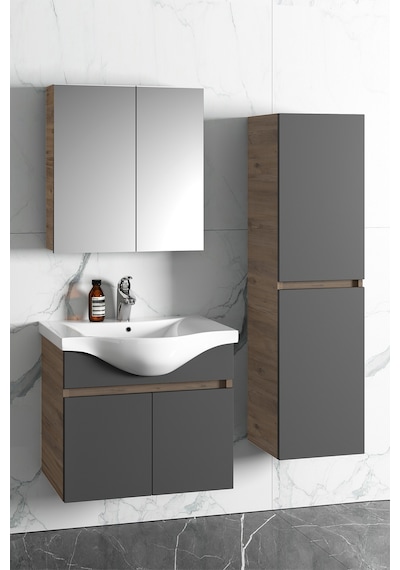 Yıldız 65+35 Cm Atlantik Çam-Antrasit Gri Mat Mdf Seramik Lavabol Antrasit - Atlantik Çam