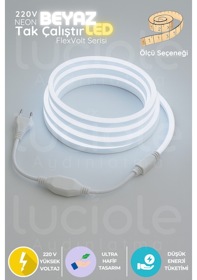 5 Metre Flexvolt 220v Fişli Soğuk Beyaz Neon Led Şerit Işık Tak Çalıştır Pratik Aydınlatma