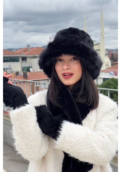 Mollycrush Kadın Peluş Kürk Kışlık Şapka Boyunluk Eldiven Seti 3 Lü Soft Takım Siyah