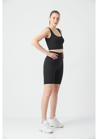 Kallima Siyah Toparlayıcı Fitilli Spor Crop-biker Tayt Takım Siyah