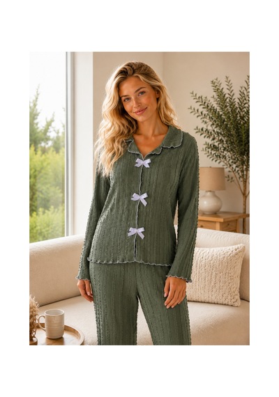 Rindahomewear Bürümcük Kumaş Fiyonk Detaylı Uzun Kollu Pijama Takımı Haki