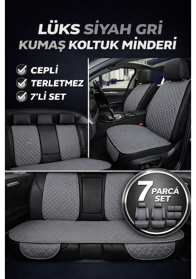 Tegin Üniversal Uyumlu Kumaş Koltuk Minderi Kapitone Desen Terletmez Yedili Set Gri