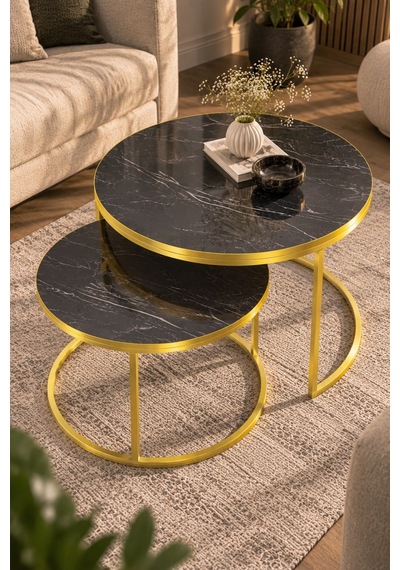 Sulorahome Gold Metal Mermer Desenli 2'li Yuvarlak Orta Sehpa Seti Siyah Ve Gold